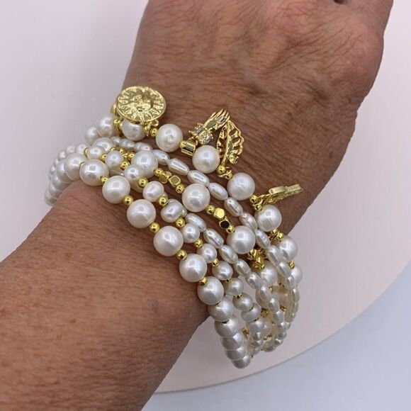 Earring, NWOT, solid 925 sterling silver, 22 Karat gold, real pearl, 2 in. drop - Picture 10 of 11